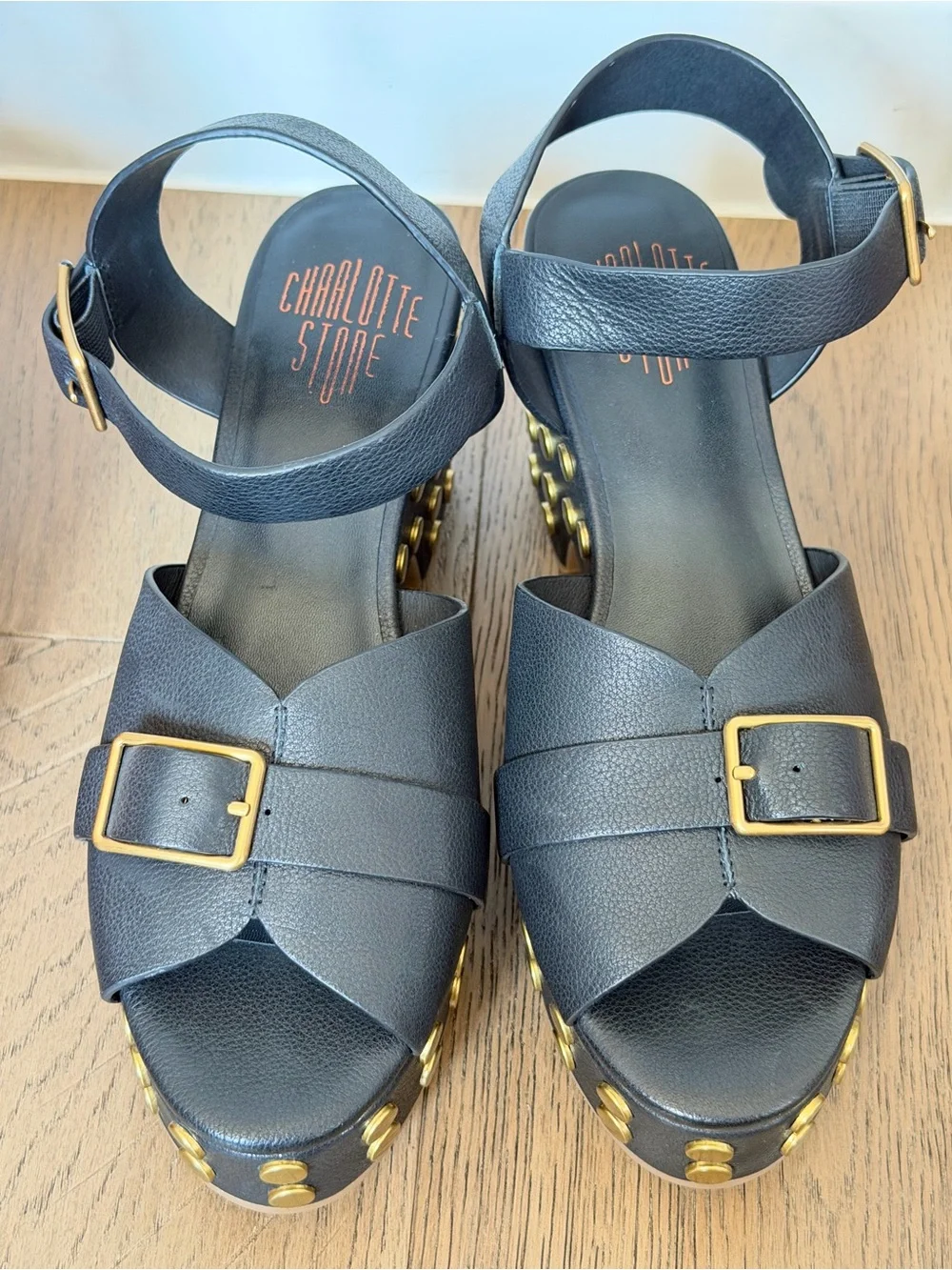 Charlotte stone black Platform Sandal with Gold studs